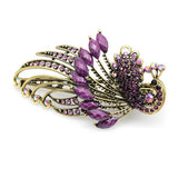Antique Brass Finish Rhinestone Hinged Claw Hair Clip Stick Peacock Colorful