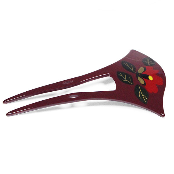 Acrylic 2-Prong Floral Geisha Hair Stick Fork Burgundy