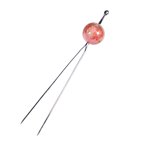Geisha Earpick Style 2-Prong Metal Hair Stick Fork w/ Large Floral Bead Pink