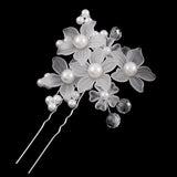 Handmade 2-Prong Hairpin w/ Frosted Acrylic Flowers Sprigs Glass Pearls [Pair] D