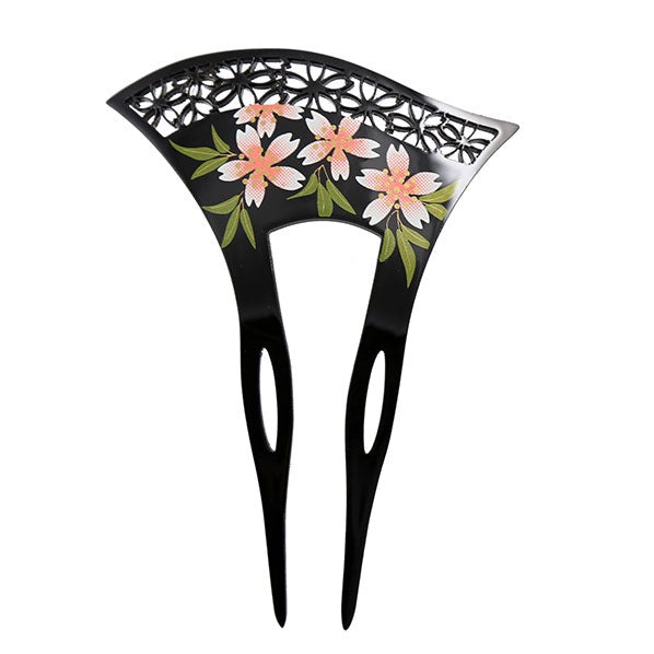 Acrylic 2-Prong Geisha Floral Mesh Hair Stick Fork Pink Flowers