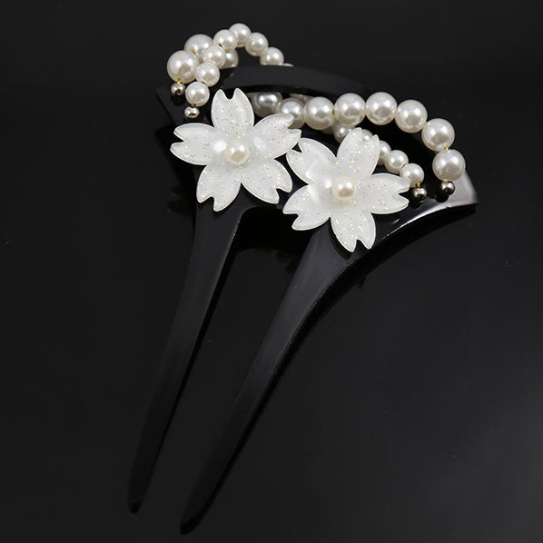 Acrylic Geisha 2-Prong Hair Stick Fork with White Flowers and Faux Pearls