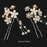 Bridal Small 2-Prong Hair Stick Fork Hairpin with Acrylic Flower Cluster and Faux Peal Tassels