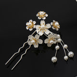 Bridal Small 2-Prong Hair Stick Fork Hairpin with Acrylic Flower Cluster and Faux Peal Tassels