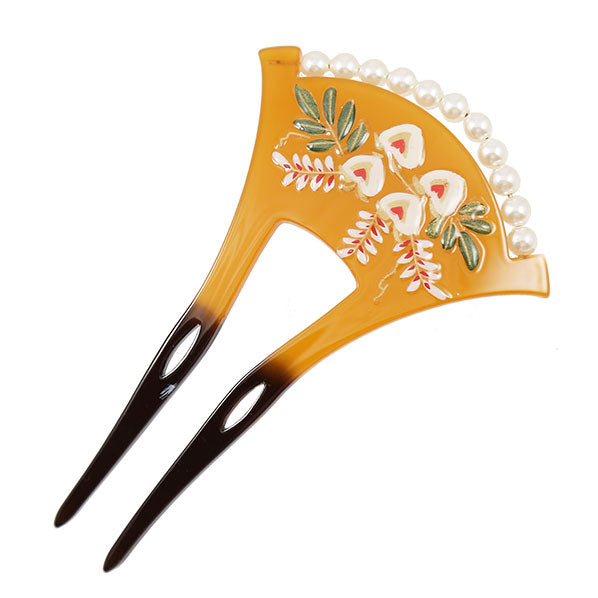 Acrylic 2-Prong Geisha Hair Stick Fork with Floral Design and Pearls