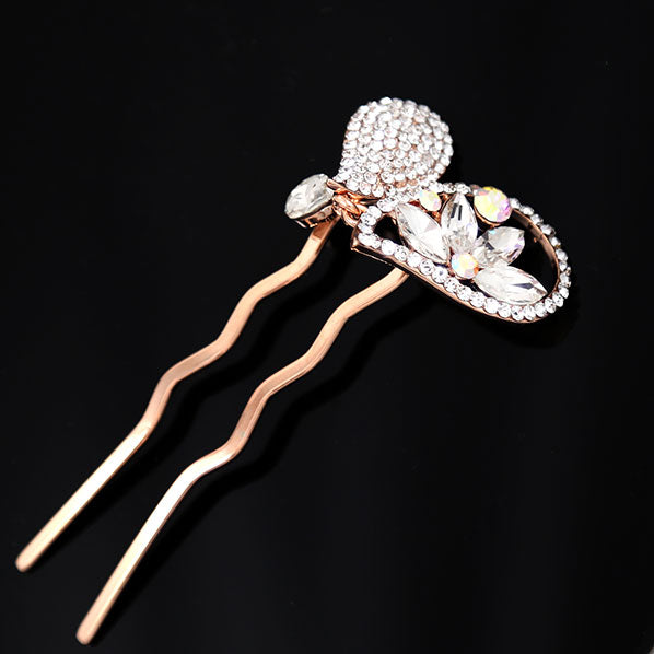 LUX Clear Czech Rhinestone Heart Gold Finish 2-Prong Hair Stick Fork w/ Teardrop