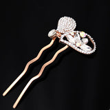 LUX Clear Czech Rhinestone Heart Gold Finish 2-Prong Hair Stick Fork w/ Teardrop