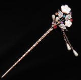 LUX Shell Flower with Pearl & Colorful Czech Rhinestone Gold Finish Hair Stick w/ Tassels