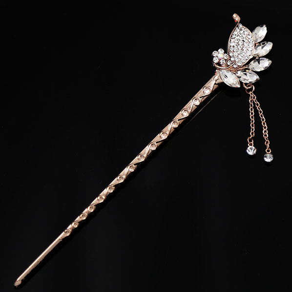 Champagne Czech Rhinestone Leaves Gold Finish Hair Stick w/ Tassels