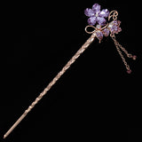 Champagne Czech Rhinestone Flower & Butterfly Gold Finish Hair Stick w/ Tassels