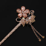 Czech Rhinestone Flower & Butterfly Gold Finish Hair Stick w/ Tassels