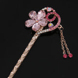 Czech Rhinestone Flower Gold Finish Hair Stick w/ Tassels