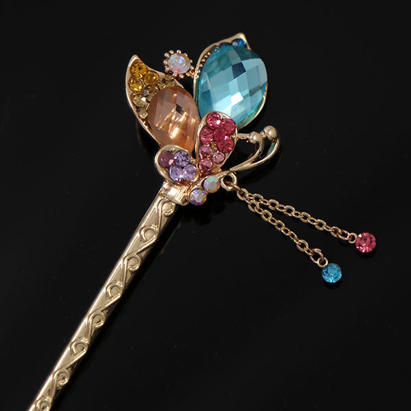 Colorful Rhinestone Butterfly Gold Finish Hair Stick w/ Tassels