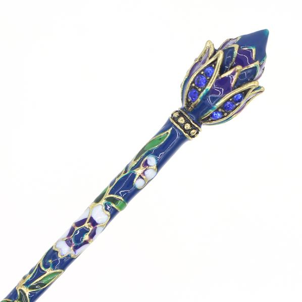 Cloisonne Enamel Hair Stick Lotus Bud with Rhinestones