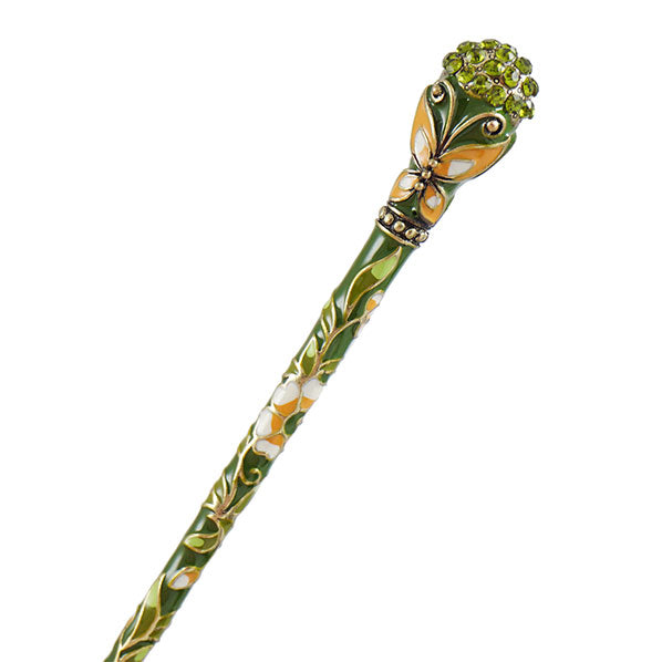 Cloisonne Enamel Butterfly Hair Stick with Rhinestones Green
