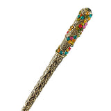 Antique Brass Finish Hair Stick w/ Rhinestone Patterns