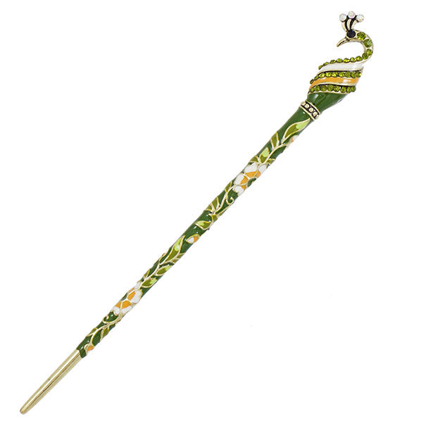 Cloisonne Enamel Hair Stick with Rhinestones Green Peacock