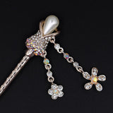 Gold Finish Tulip Rhinestone & Pearl Hair Stick w/ Floral Tassels