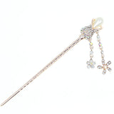 Gold Finish Tulip Rhinestone & Pearl Hair Stick w/ Floral Tassels