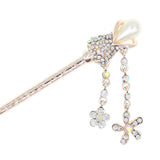 Gold Finish Tulip Rhinestone & Pearl Hair Stick w/ Floral Tassels