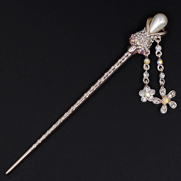 Gold Finish Tulip Rhinestone & Pearl Hair Stick w/ Floral Tassels