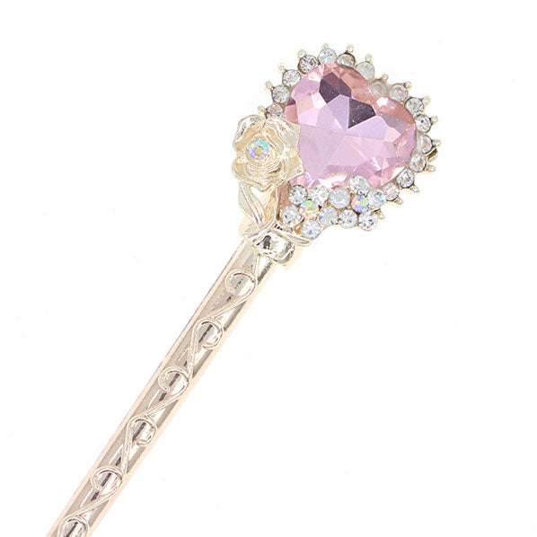 Gold Finish Rhinestone Heart Hair Stick Pink