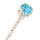 Gold Finish Rhinestone Heart Hair Stick Blue