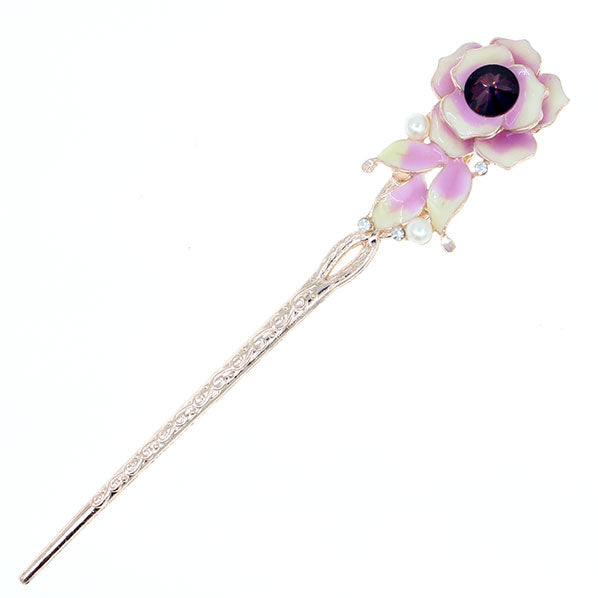 Gold Finish Enamel Blooming Flower Hair Stick w/ Rhinestone & Pearls