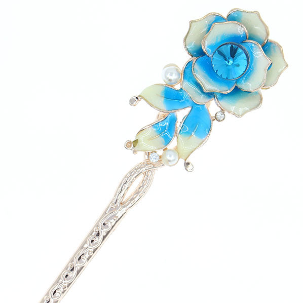 Gold Finish Enamel Blooming Flower Hair Stick w/ Rhinestone & Pearls