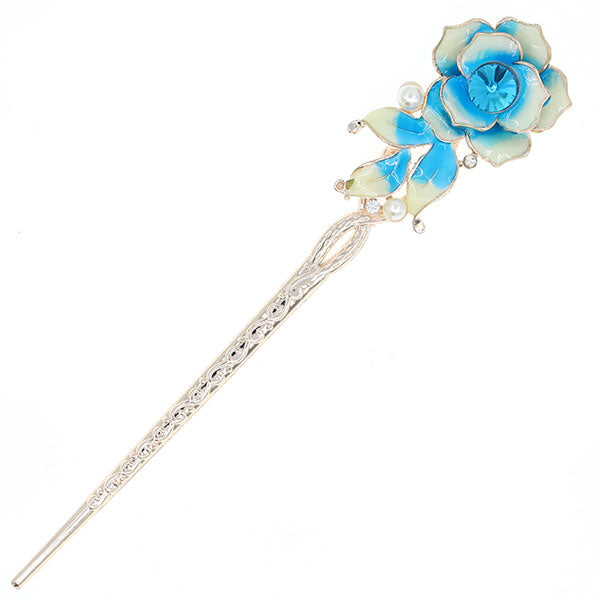 Gold Finish Enamel Blooming Flower Hair Stick w/ Rhinestone & Pearls