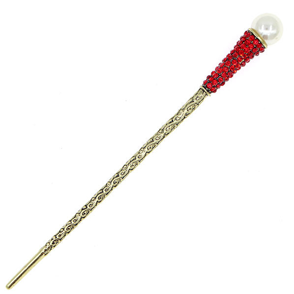 Antique Brass Finish Hair Stick with Rhinestones and Pearl