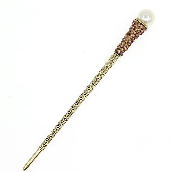 Antique Brass Finish Hair Stick with Rhinestones and Pearl