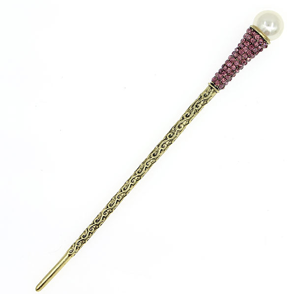Antique Brass Finish Hair Stick with Rhinestones and Pearl