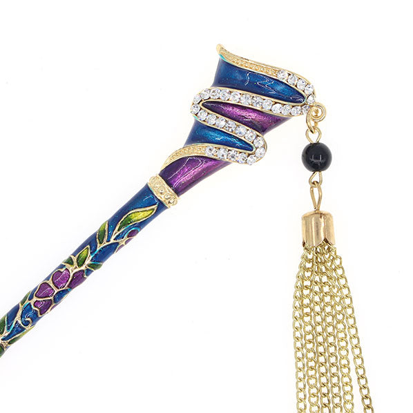 Enamel Abstract Design Floral Hair Stick w/ Rhinestones and Tassels