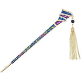 Enamel Abstract Design Floral Hair Stick w/ Rhinestones and Tassels Purple