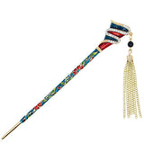 Enamel Abstract Design Floral Hair Stick w/ Rhinestones and Tassels