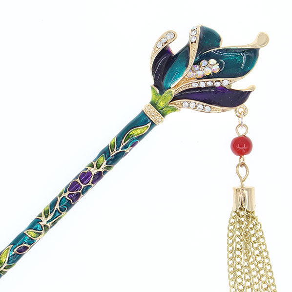 Enamel Floral Petals Hair Stick w/ Rhinestones and Tassels