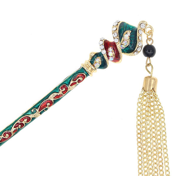 Enamel Twist Floral Hair Stick w/ Rhinestones and Tassels