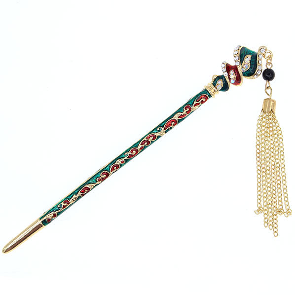 Enamel Twist Floral Hair Stick w/ Rhinestones and Tassels