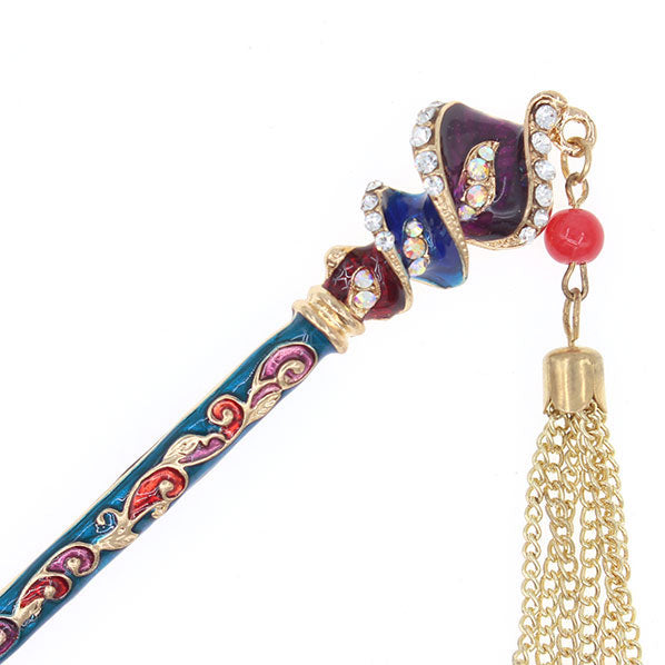 Enamel Twist Floral Hair Stick w/ Rhinestones and Tassels