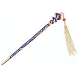 Enamel Twist Flora Hair Stick w/ Rhinestones and Tassels Blue
