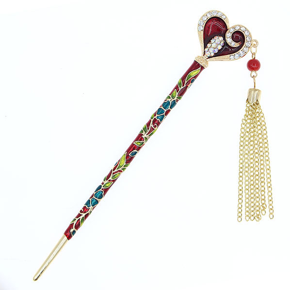 Enamel Heart Floral Hair Stick w/ Rhinestones and Tassels