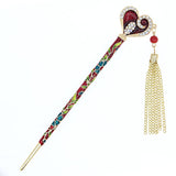 Enamel Heart Floral Hair Stick w/ Rhinestones and Tassels
