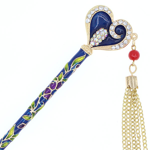 Enamel Heart Floral Hair Stick w/ Rhinestones and Tassels