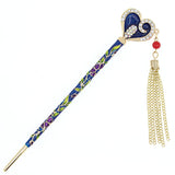 Enamel Heart Floral Hair Stick w/ Rhinestones and Tassels