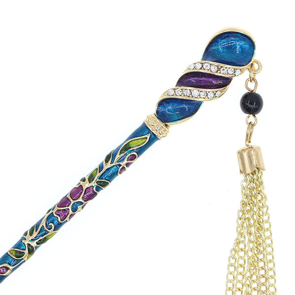Enamel Twirl Flora Hair Stick w/ Rhinestones and Tassels Green