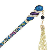 Enamel Twirl Flora Hair Stick w/ Rhinestones and Tassels Green