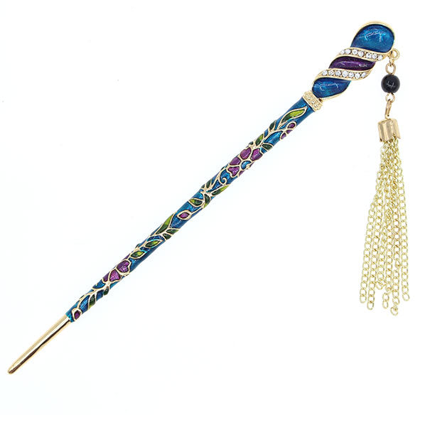 Enamel Twirl Floral Hair Stick w/ Rhinestones and Tassels