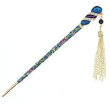 Enamel Twirl Floral Hair Stick w/ Rhinestones and Tassels