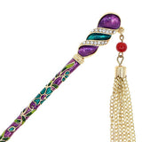 Enamel Twirl Floral Hair Stick w/ Rhinestones and Tassels